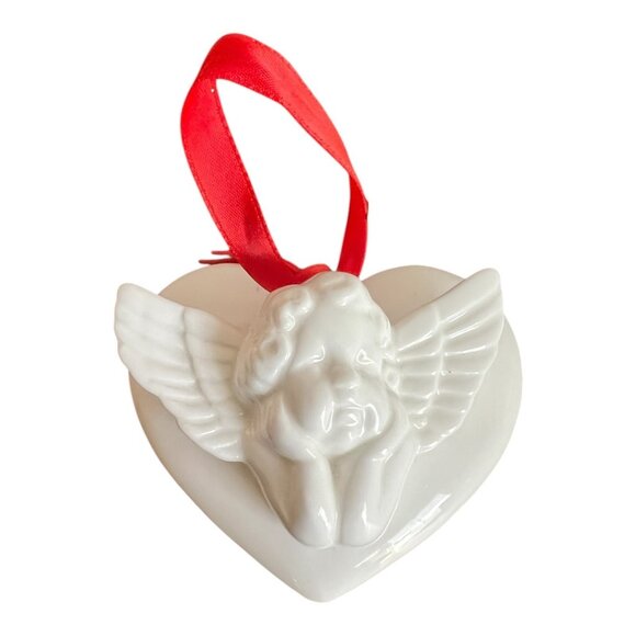 Vtg Fine Bone China Cherub Angel on Heart Ornament with Red Satin Ribbon 3"X3" - Picture 1 of 7